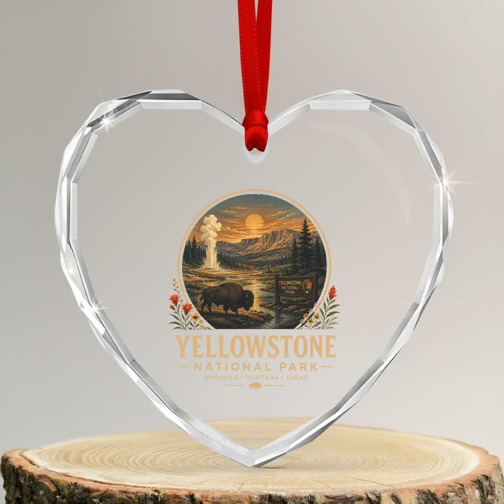Vintage Yellowstone National Park Vintage Bison Geyser Heart Crystal Glass Ornament Wyoming Montana Idaho Hiking Camping