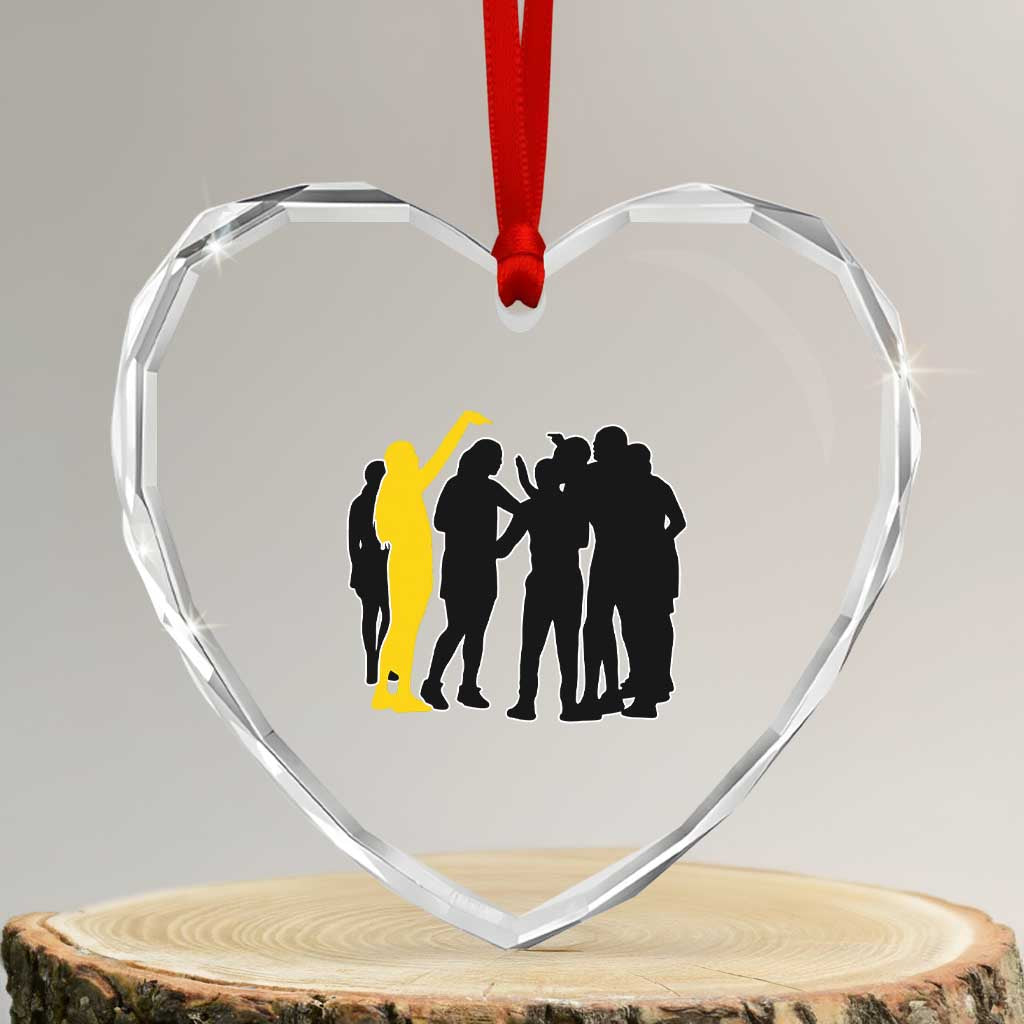 Viral Basketball Pointing Huddle Heart Crystal Glass Ornament Funny Women Sports Culture Meme Yellow Silhouette Graphic