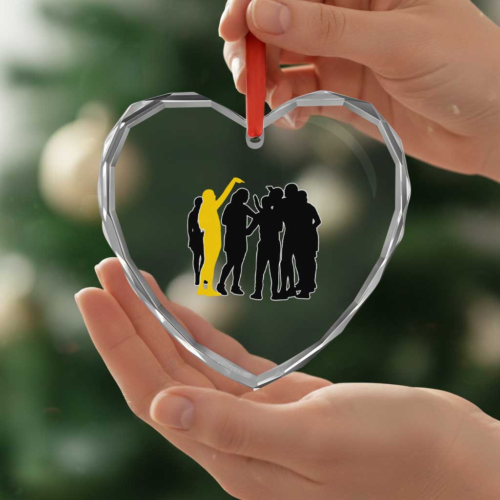 Viral Basketball Pointing Huddle Heart Crystal Glass Ornament Funny Women Sports Culture Meme Yellow Silhouette Graphic