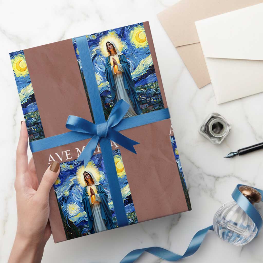 Virgin Mary Starry Night Wrapping Paper Roll Mother of Christ Catholic - Wonder Print Shop