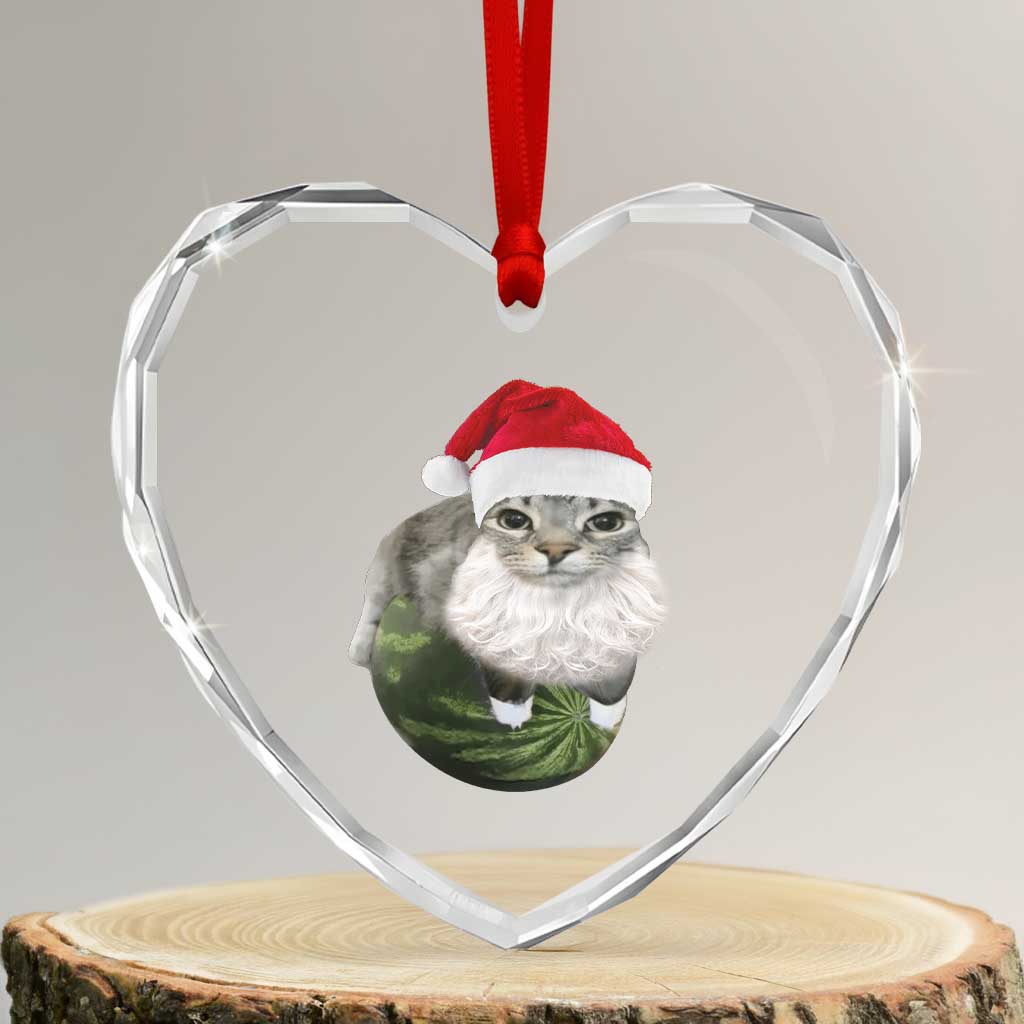 Watermelon Cat Christmas Heart Crystal Glass Ornament Funny Silly Kitten Meme - Wonder Print Shop