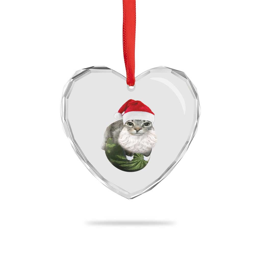 Watermelon Cat Christmas Heart Crystal Glass Ornament Funny Silly Kitten Meme - Wonder Print Shop