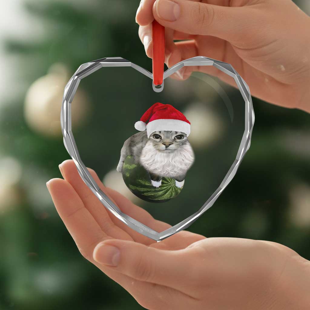 Watermelon Cat Christmas Heart Crystal Glass Ornament Funny Silly Kitten Meme - Wonder Print Shop