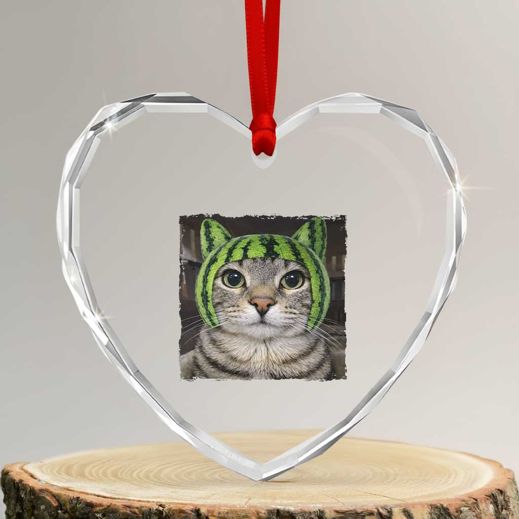 Watermelon Cat Silly Cat Meme Heart Crystal Glass Ornament