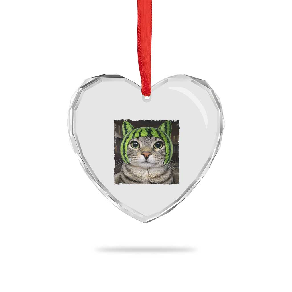 Watermelon Cat Silly Cat Meme Heart Crystal Glass Ornament