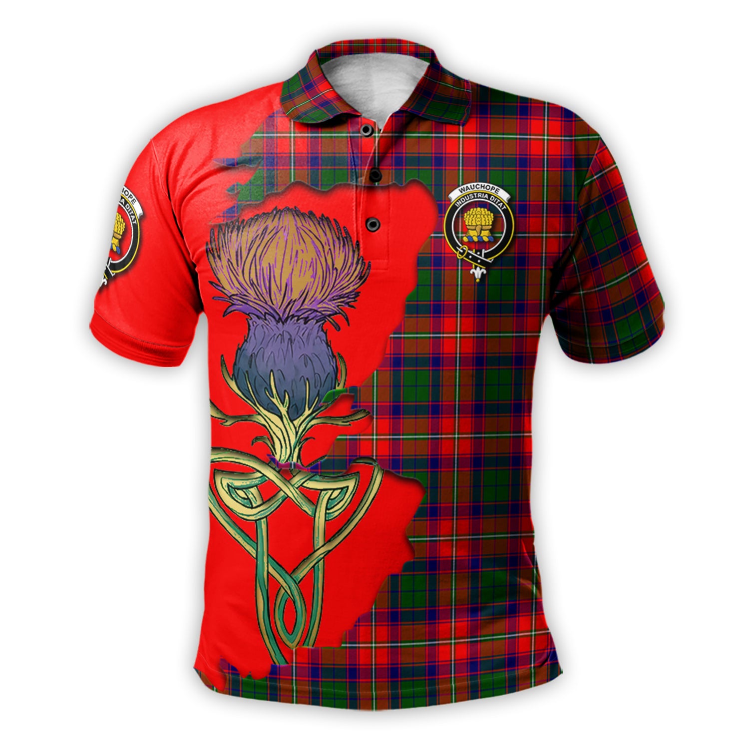 wauchope-tartan-family-crest-polo-shirt-tartan-plaid-with-thistle-and-scotland-map-polo-shirt