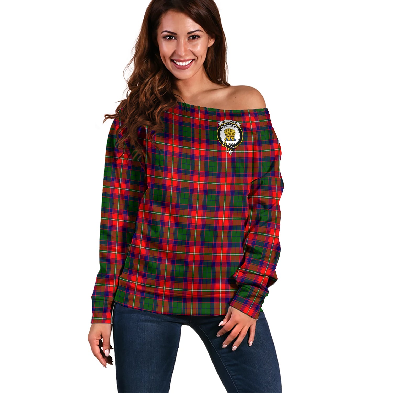 wauchope-clan-tartan-off-shoulder-sweater-family-crest-sweater-for-women