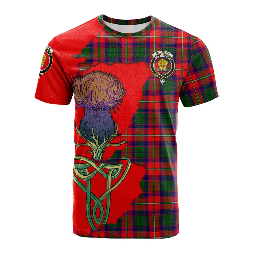 wauchope-tartan-family-crest-t-shirt-tartan-plaid-with-thistle-and-scotland-map-t-shirt