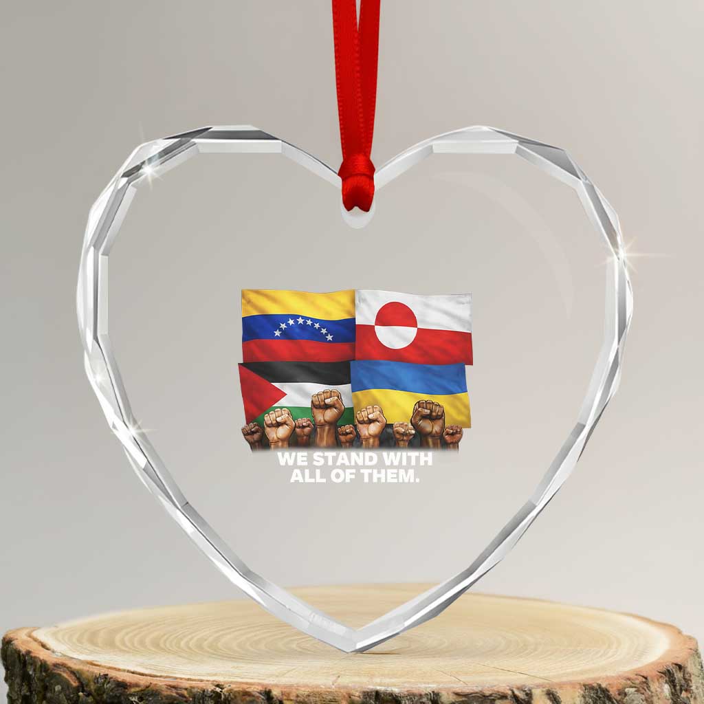 We Stand With Venezuela Greenland Ukraine Palestine Heart Crystal Glass Ornament Solidarity Fists Flags Global Support