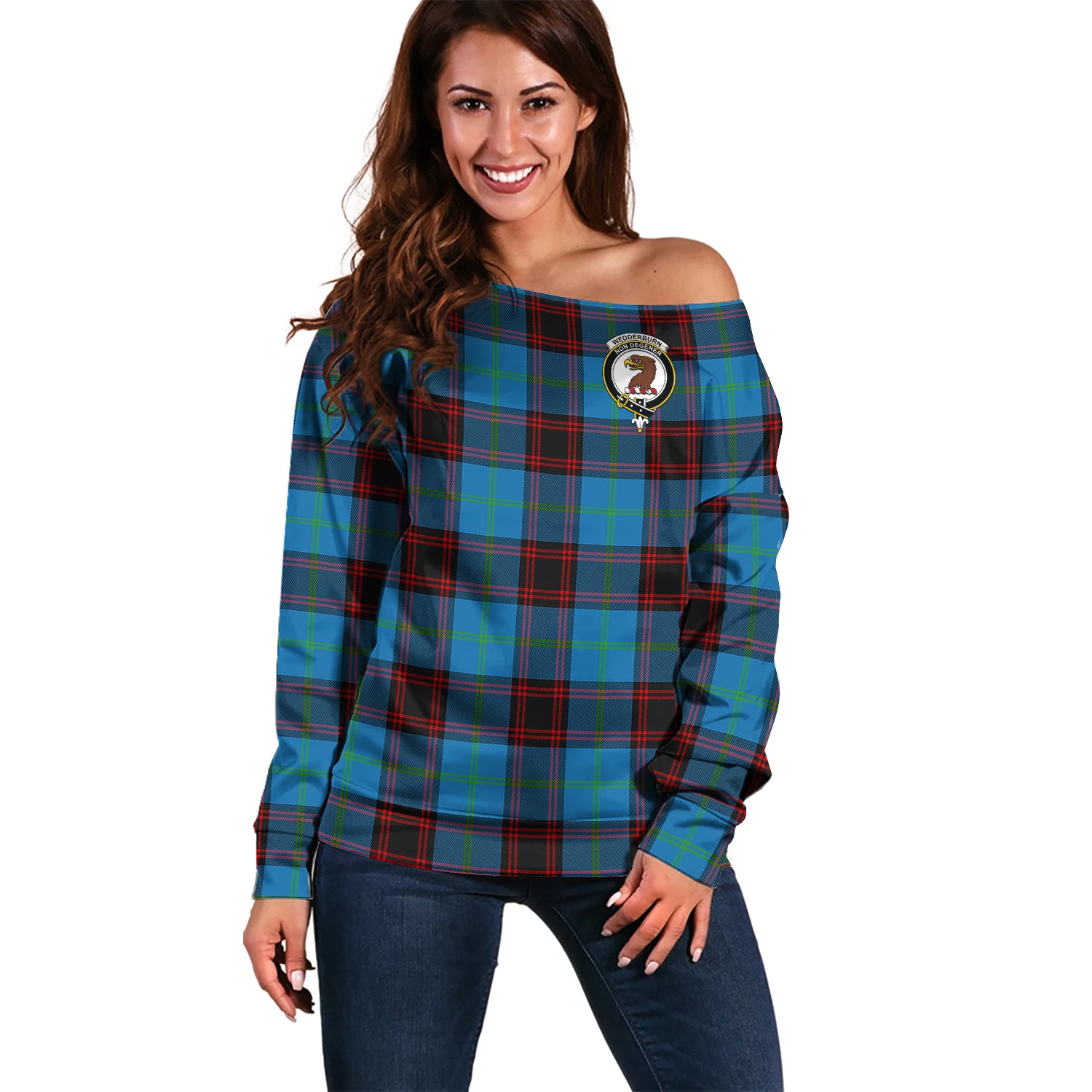 wedderburn-clan-tartan-off-shoulder-sweater-family-crest-sweater-for-women