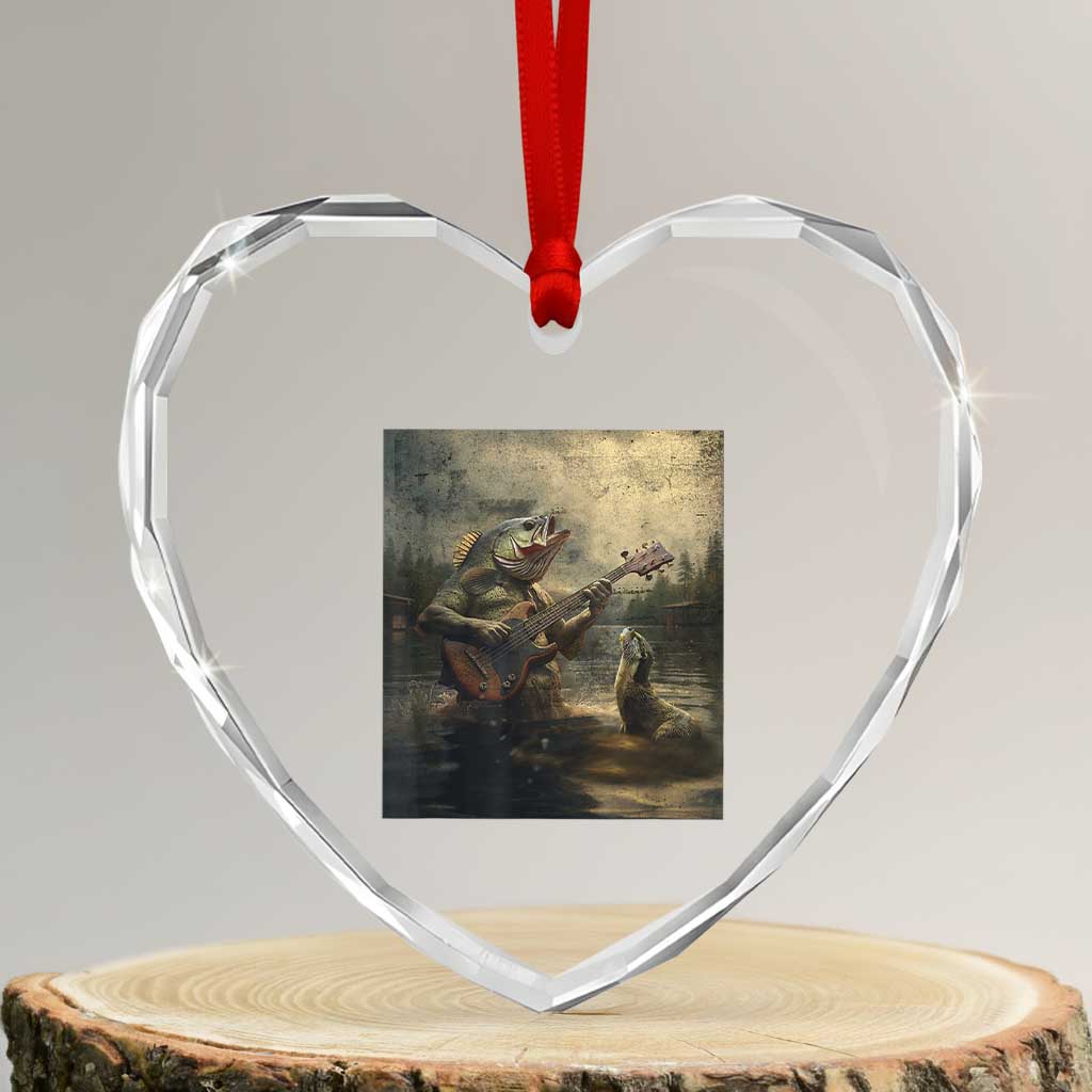 Weird Bass Fish Playing Bass Guitar Heart Crystal Glass Ornament Funny Cursed Meme - Wonder Print Shop