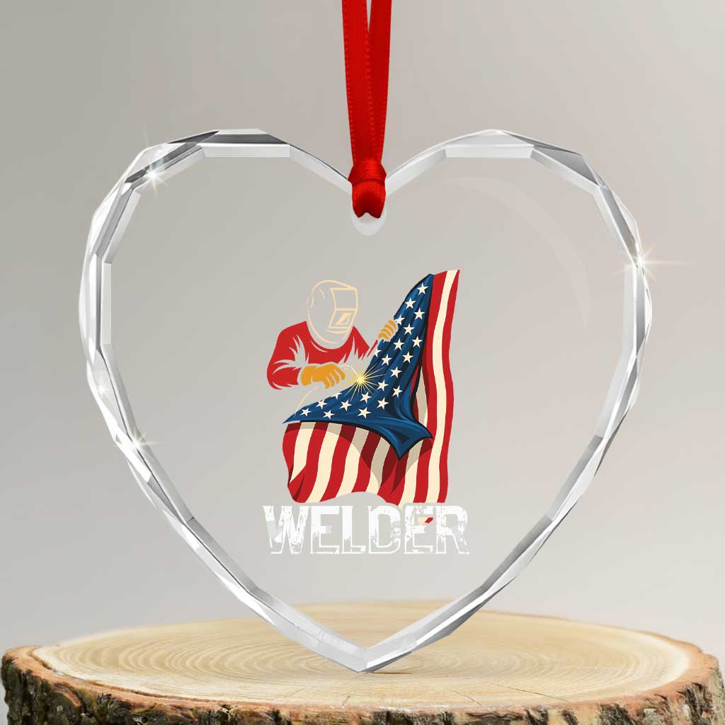 Welder Patriotic American Flag Heart Crystal Glass Ornament - Wonder Print Shop