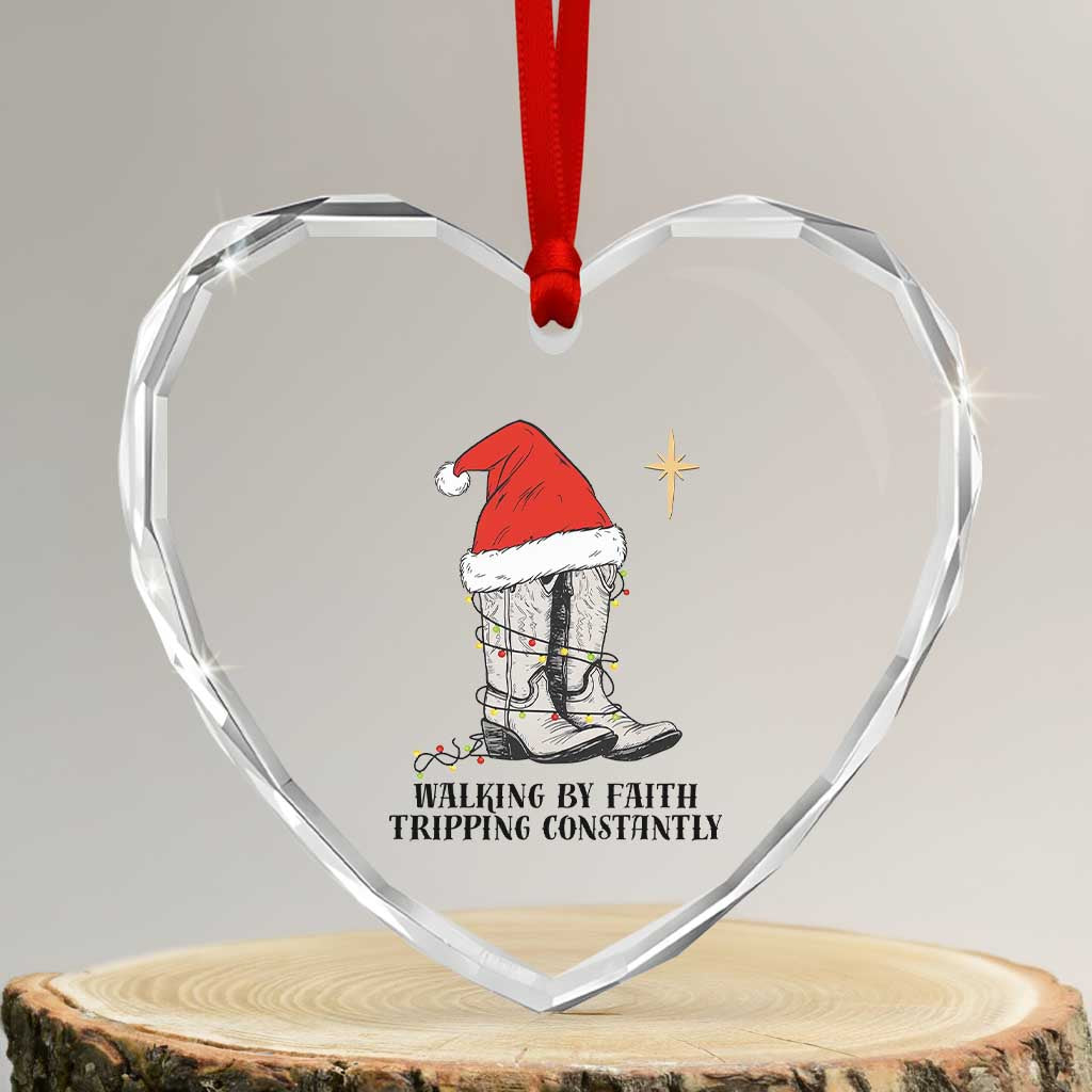 Western Christian Cowboy Heart Crystal Glass Ornament Walking By Faith Tripping Constantly - Wonder Print Shop