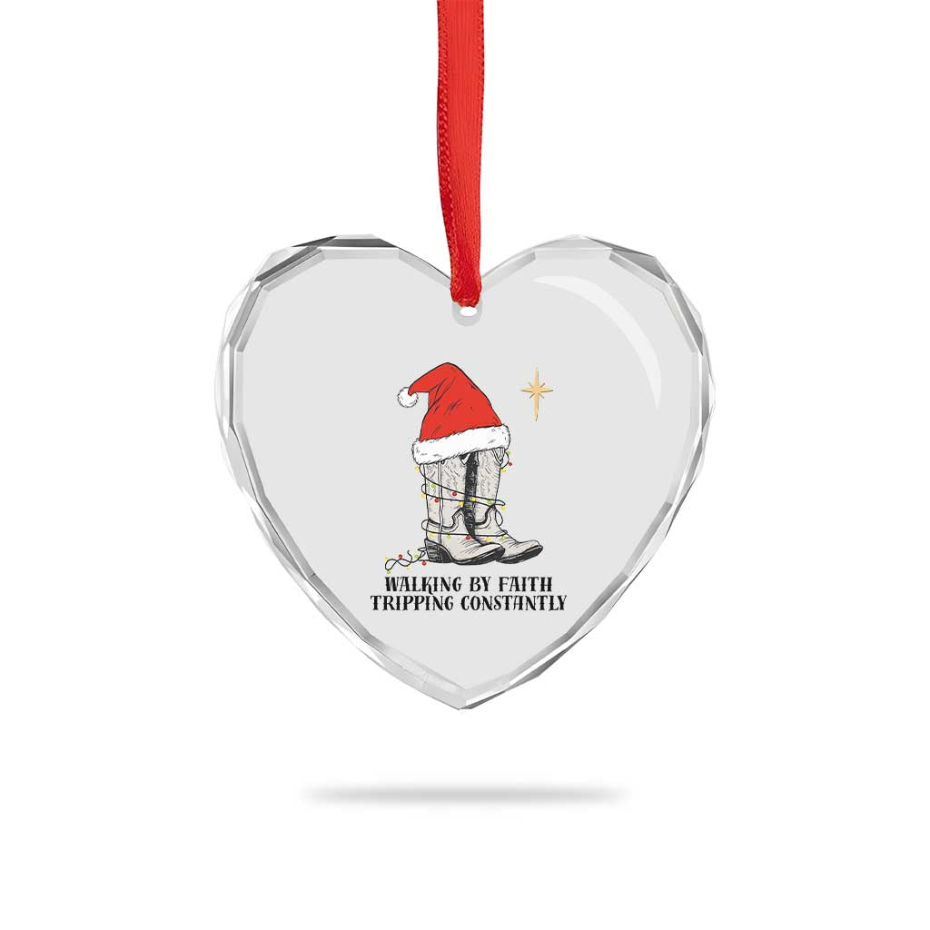 Western Christian Cowboy Heart Crystal Glass Ornament Walking By Faith Tripping Constantly - Wonder Print Shop