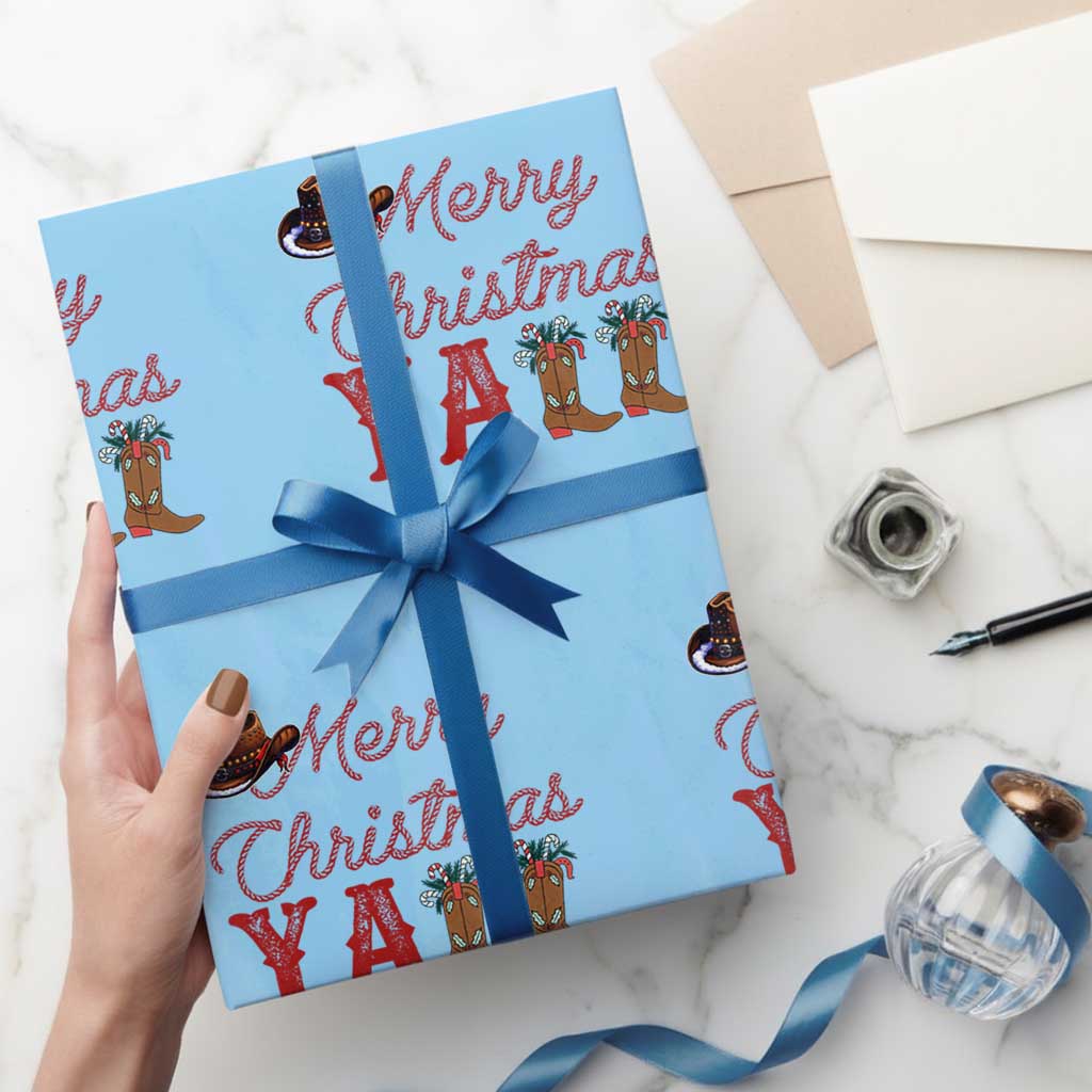 Western Cowboy Howdy Wrapping Paper Roll Merry Christmas Yall Cowgirl Boots Hat - Wonder Print Shop