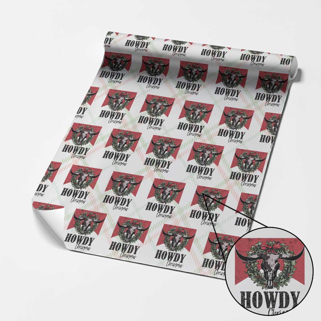 Western Howdy Christmas Wrapping Paper Roll Longhorn Skull Xmas Wreath - Wonder Print Shop