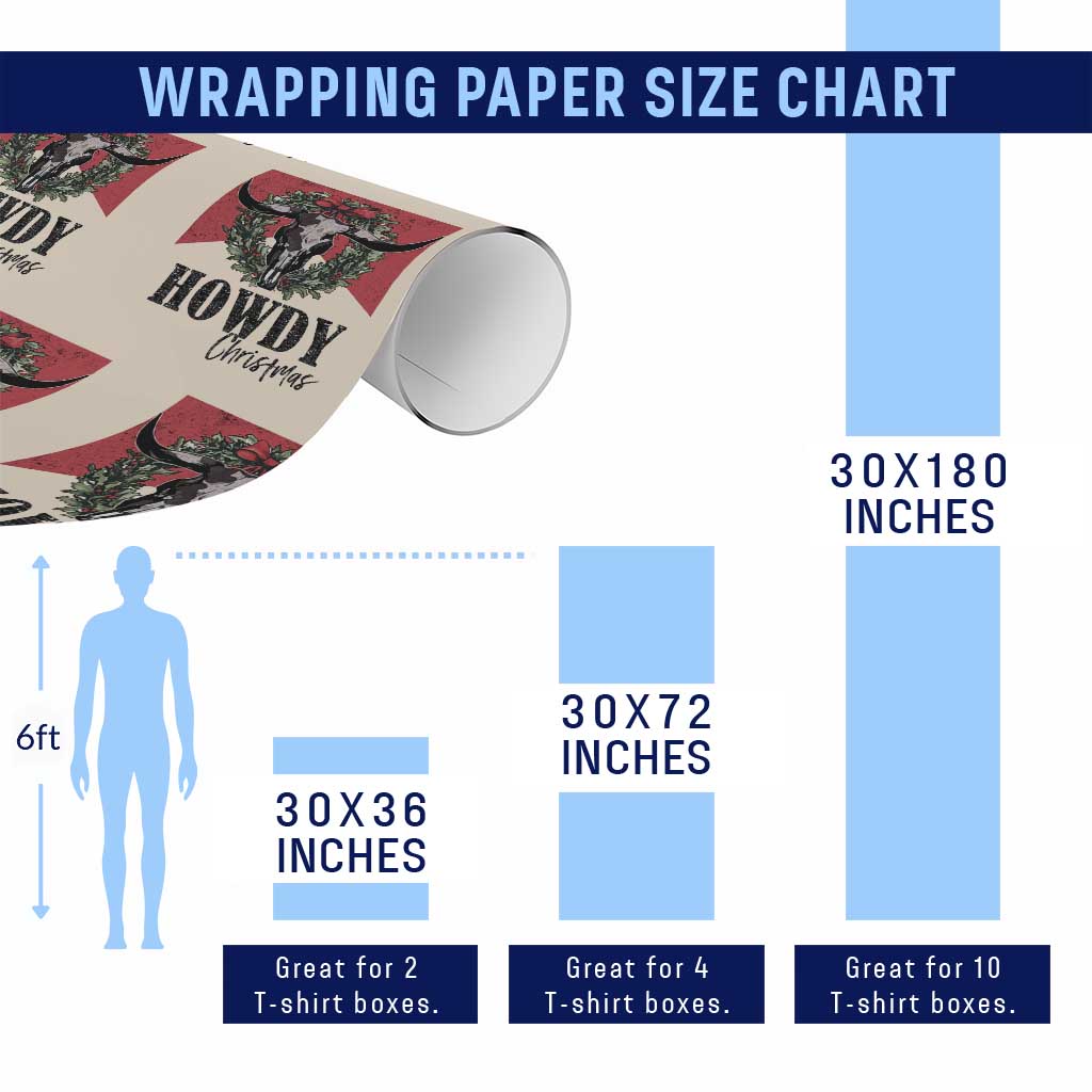 Western Howdy Christmas Wrapping Paper Roll Longhorn Skull Xmas Wreath - Wonder Print Shop