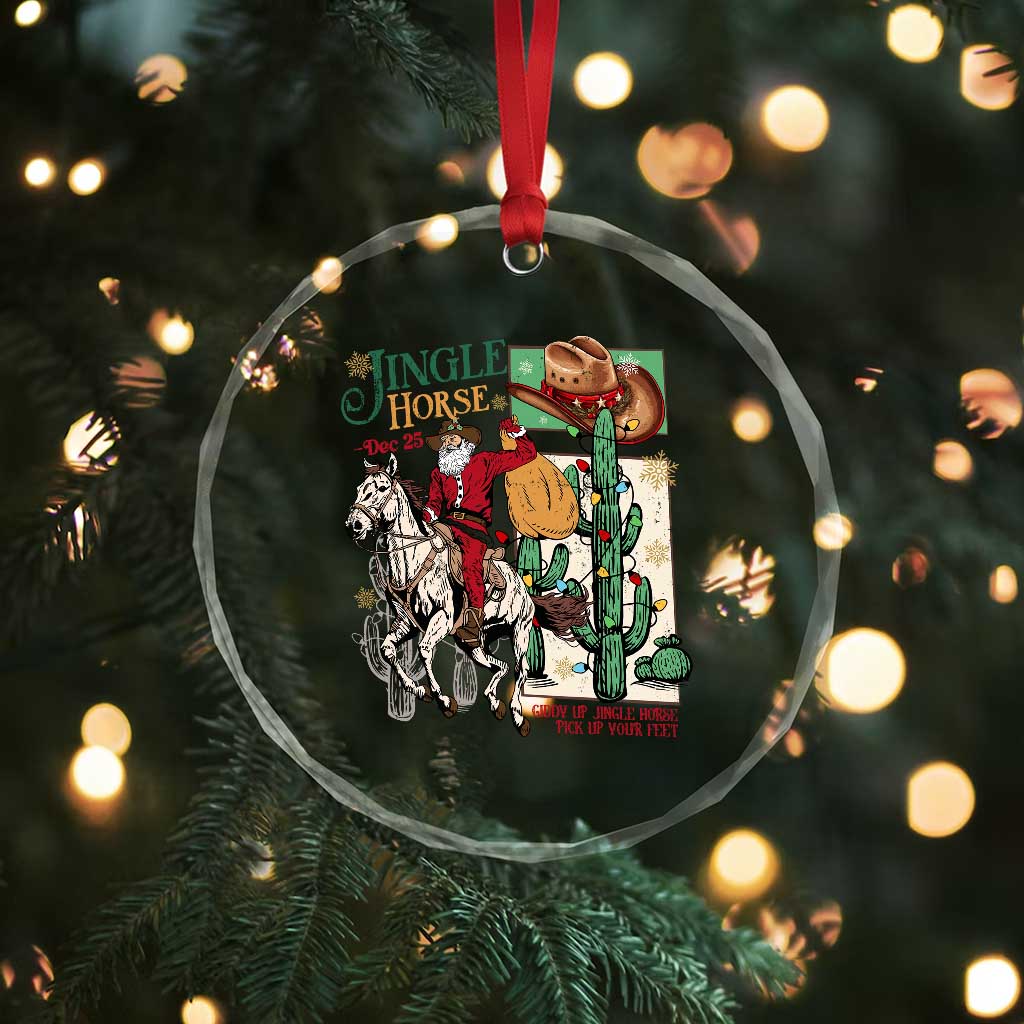 Western Xmas Crystal Glass Ornament Jingle Horse Pick Up Your Feet Cowboy Santa Rider TS09