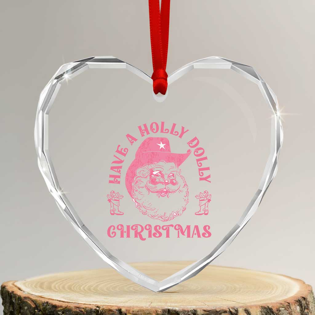 Western Xmas Heart Crystal Glass Ornament Have A Holly Dolly Cowboy Santa - Wonder Print Shop