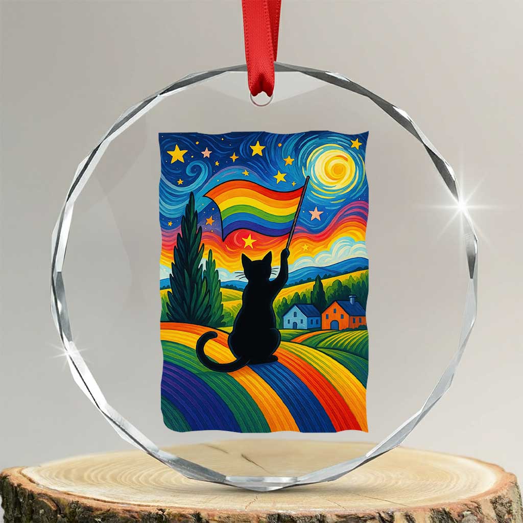 Whimsical Black Cat Pride Flag Crystal Glass Ornament Colorful LGBTQ Rainbow - Wonder Print Shop
