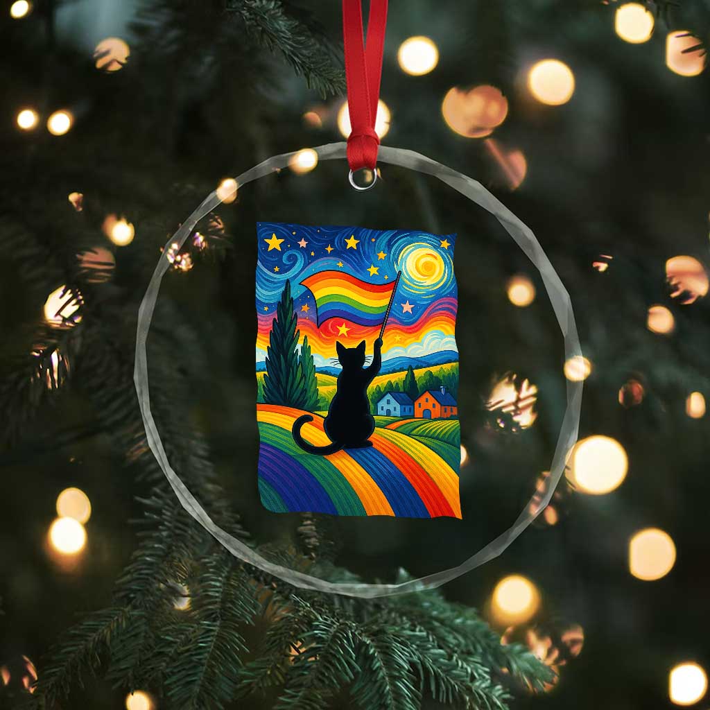 Whimsical Black Cat Pride Flag Crystal Glass Ornament Colorful LGBTQ Rainbow TS02