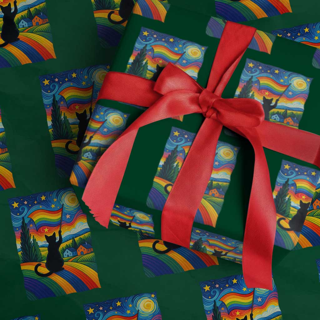Whimsical Black Cat Pride Flag Wrapping Paper Roll Colorful LGBTQ Rainbow - Wonder Print Shop