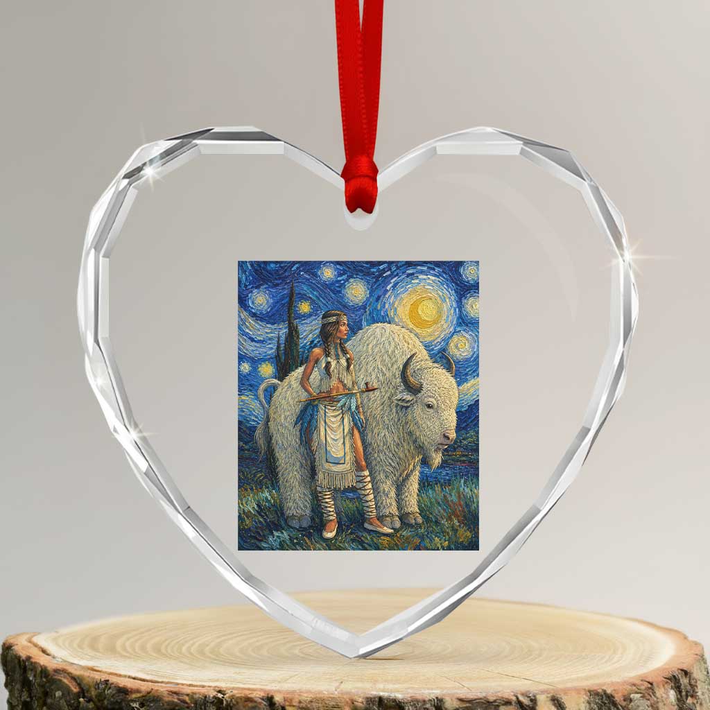 White Buffalo Woman Heart Crystal Glass Ornament North American Native Legends Starry Night Inspired Art