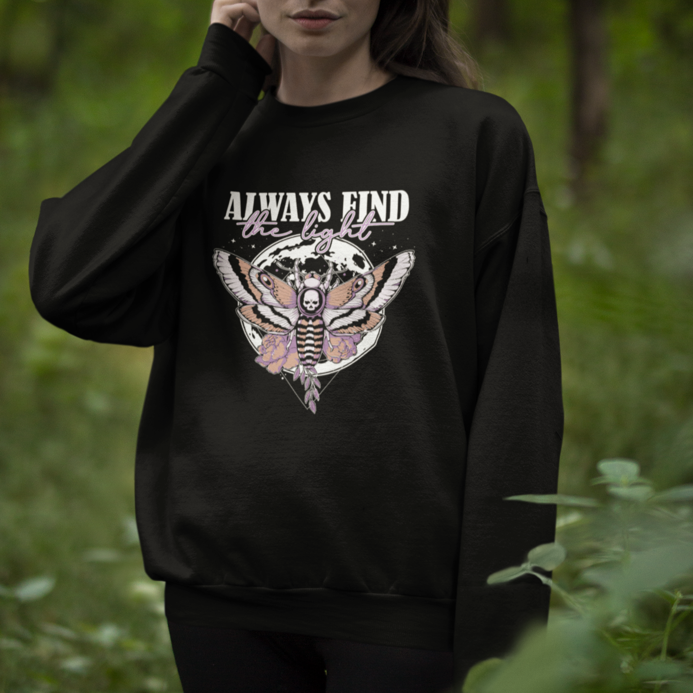 Moth Sweatshirt Always Find The Light Midnight Nocturnal Moth Death's Head Moth Hawkmoth Human Skull Moonlight Shirt for Women, Moth T-shirt, Spirituality Shirt - Wonder Print Shop