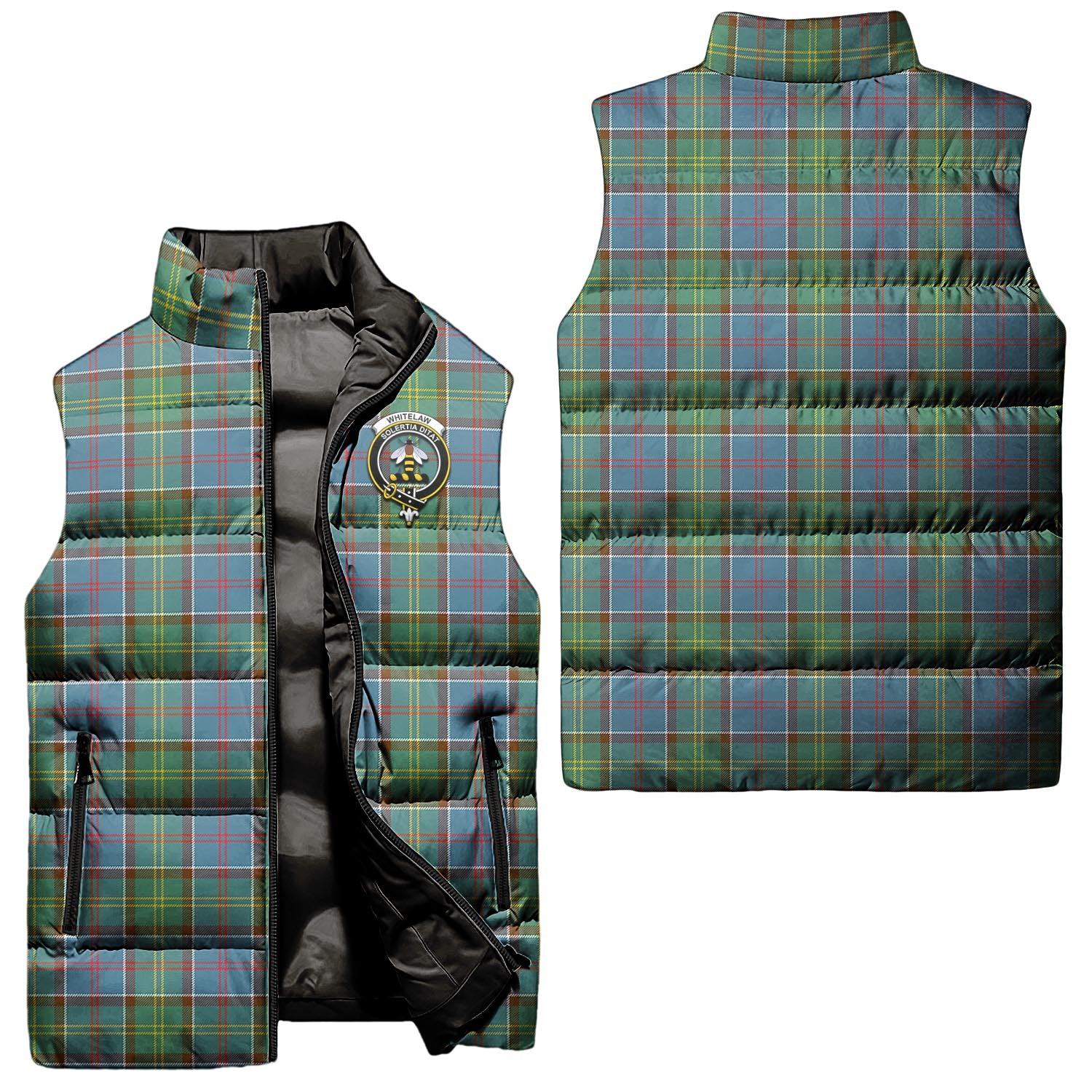 whitelaw-clan-puffer-vest-family-crest-plaid-sleeveless-down-jacket
