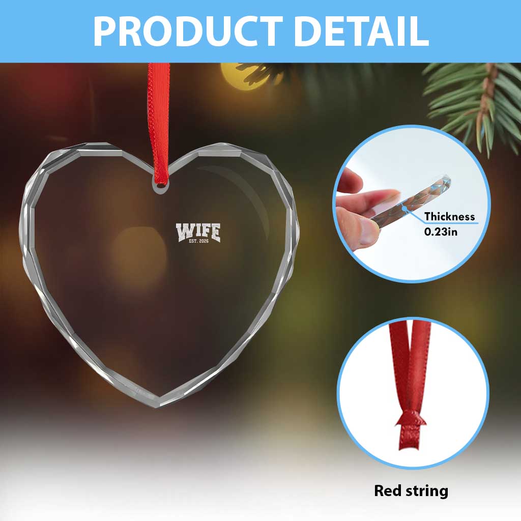 Wife Est 2026 Heart Crystal Glass Ornament Just Married Couple Matching Wedding Honeymoon