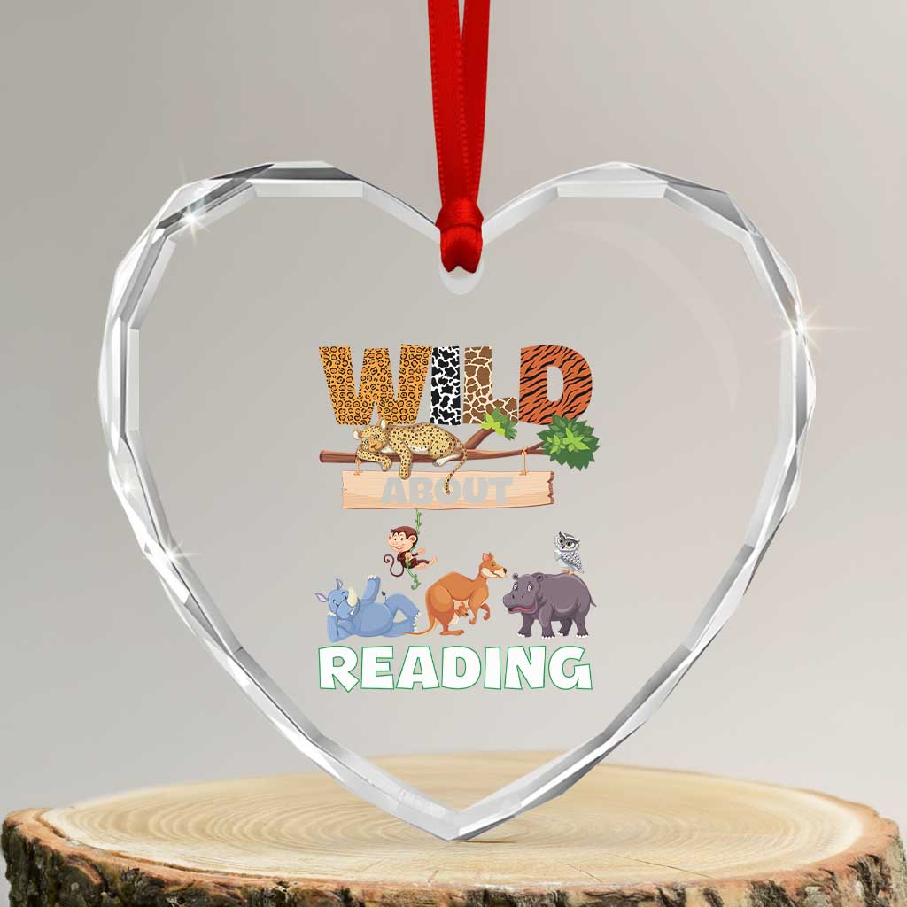 Wild About Reading Heart Crystal Glass Ornament Cute Animal Book Lover Kids Teachers