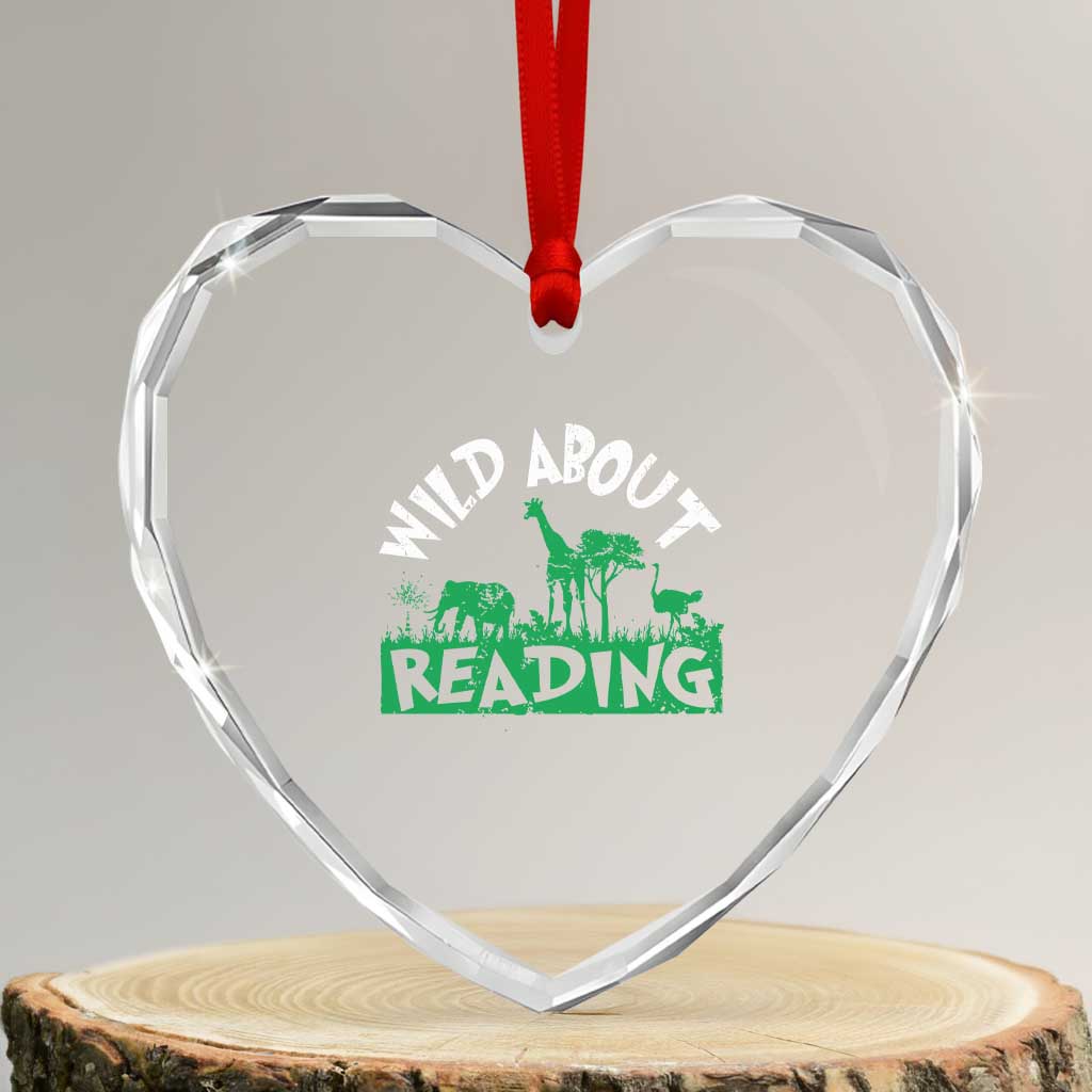 Wild About Reading Heart Crystal Glass Ornament Cute Safari Animal Reading Shirt Preschool Kindergarten