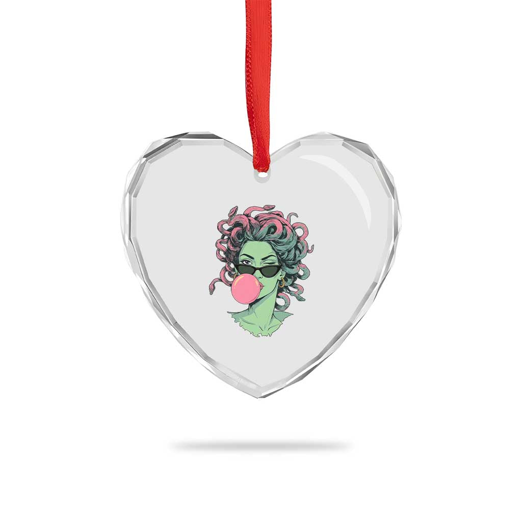 Winking Medusa In Sunglasses Blowing Bubble Gum Heart Crystal Glass Ornament Funny Greek Mythology Pop Art