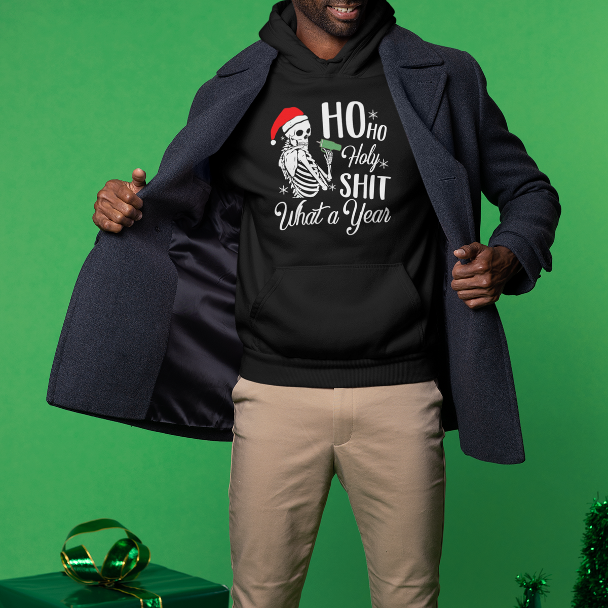 Skeleton Christmas Hoodie Ho Ho Holy Shit What A Year Funny Boujee Xmas Vibe - Wonder Print Shop