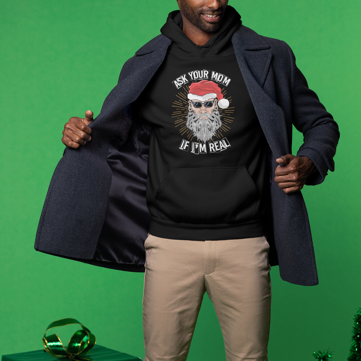 Christmas Hoodie Ask Your Mom If I'm Real Funny Santa Retro Xmas - Wonder Print Shop