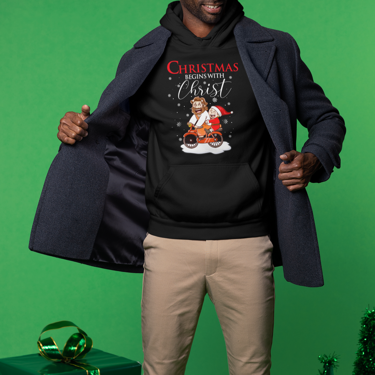 Christmas Begins With Christ Jesus Santa Riding Bicycle Hoodie - Wonder Print Shop