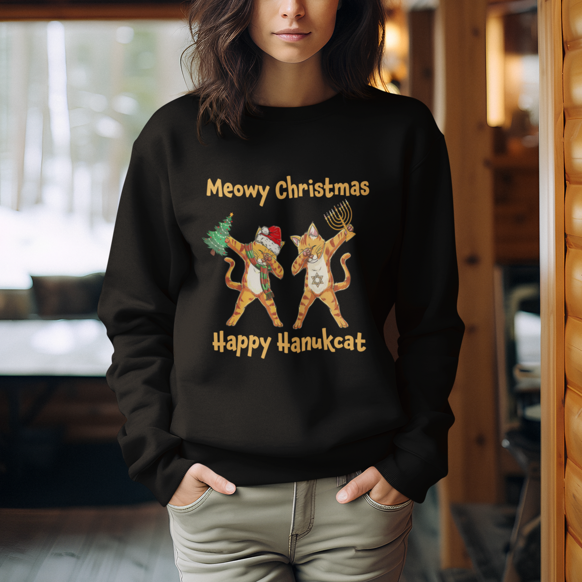 Happy Hanukcat Meowy Christmas Cat Lover Hanukkah Sweatshirt - Wonder Print Shop
