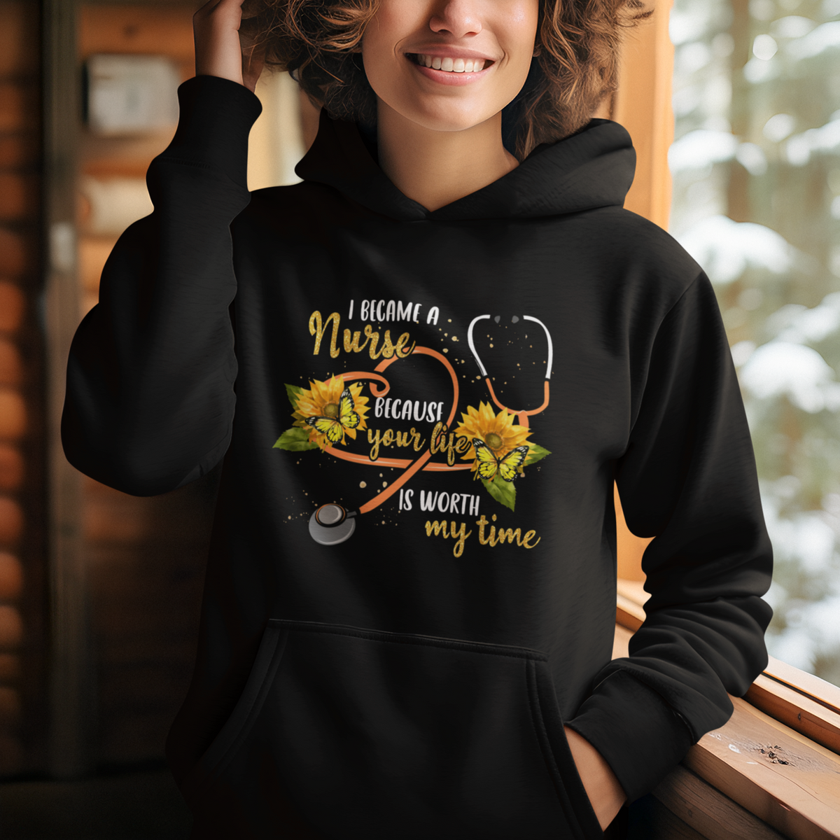 I Became A Nurse Because Your Life Is Worth My Time Sunflower Butterfly Hoodie - Wonder Print Shop