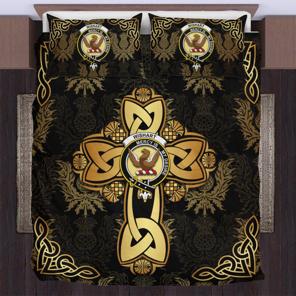 wishart-clan-crest-golden-celtic-cross-thistle-style-bedding-set