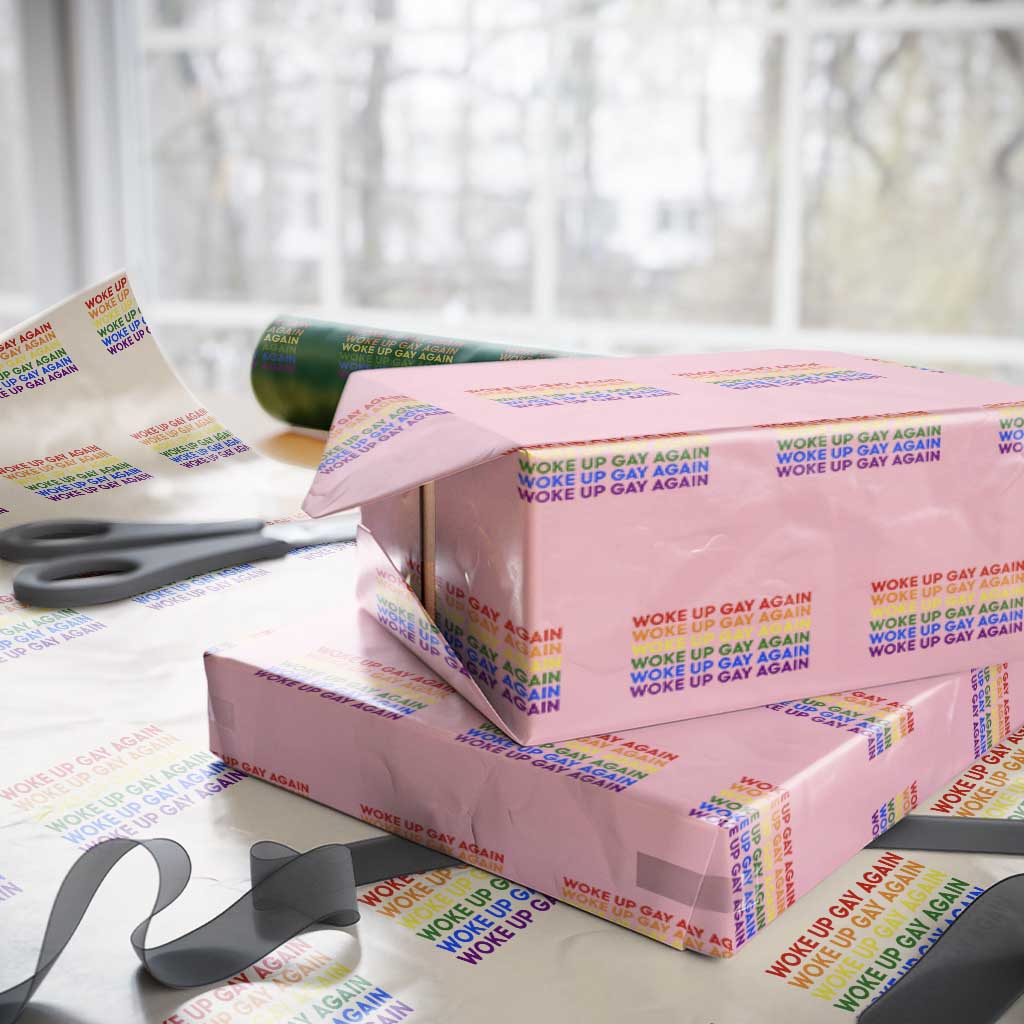 Woke Up Gay Again Wrapping Paper Roll Funny LGBTQ Rainbow Typography