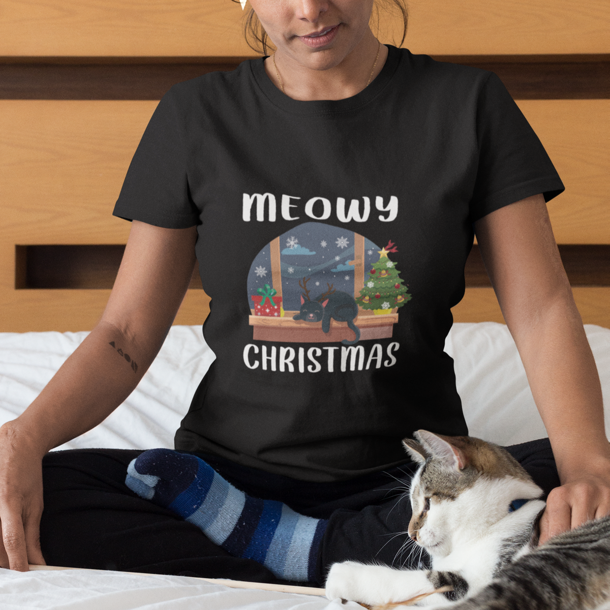 Christmas T Shirt Cat Reindeer Chillin' Xmas Eve Window Meowy - Wonder Print Shop