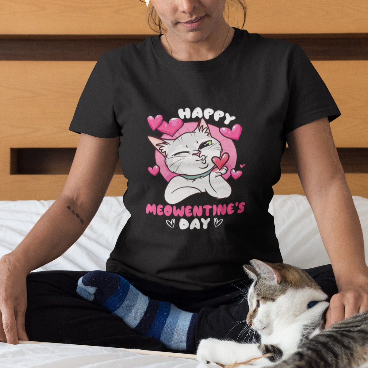 Valentine's Day T Shirt Happy Meowentine Cute Cat Kisses - Wonder Print Shop