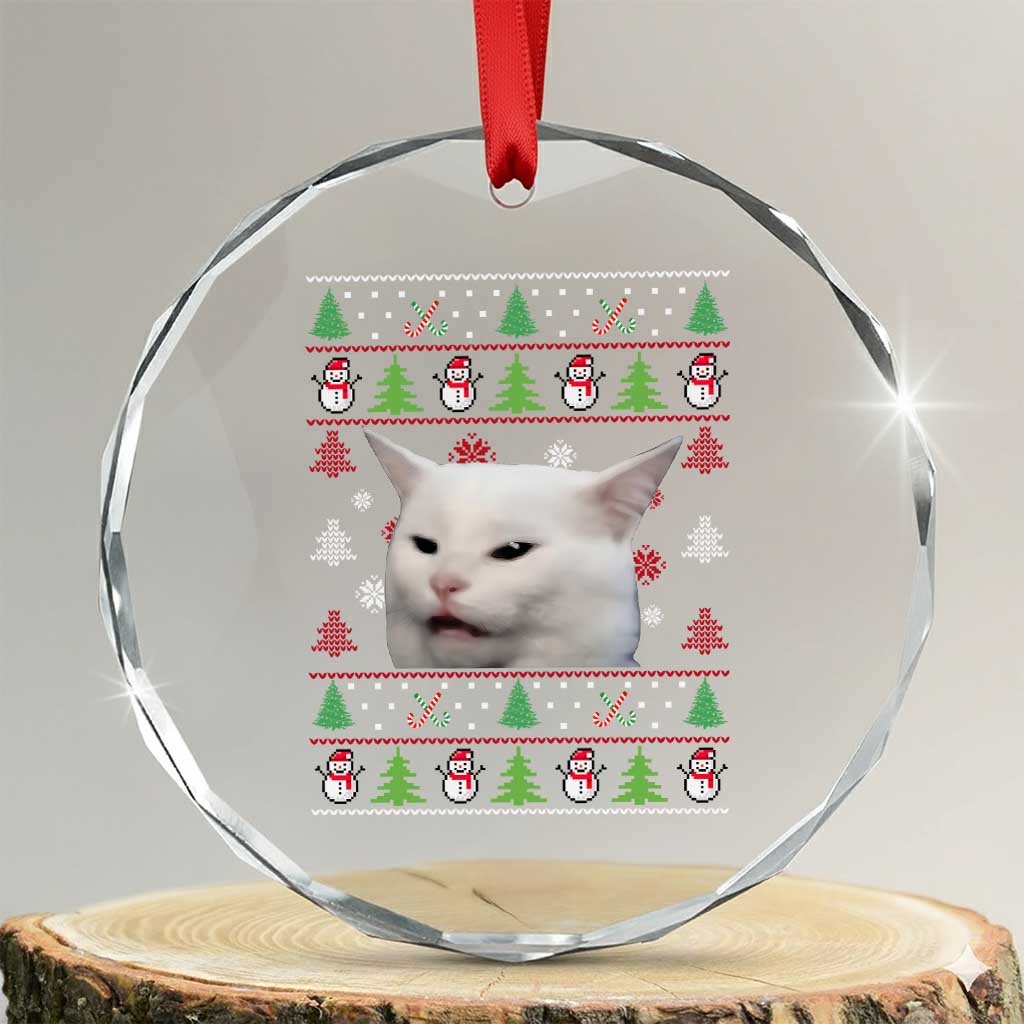 Woman Yelling At A Cat Ugly Christmas Crystal Glass Ornament Funny Cat Meme Matching Couple Christmas Pajama - Wonder Print Shop