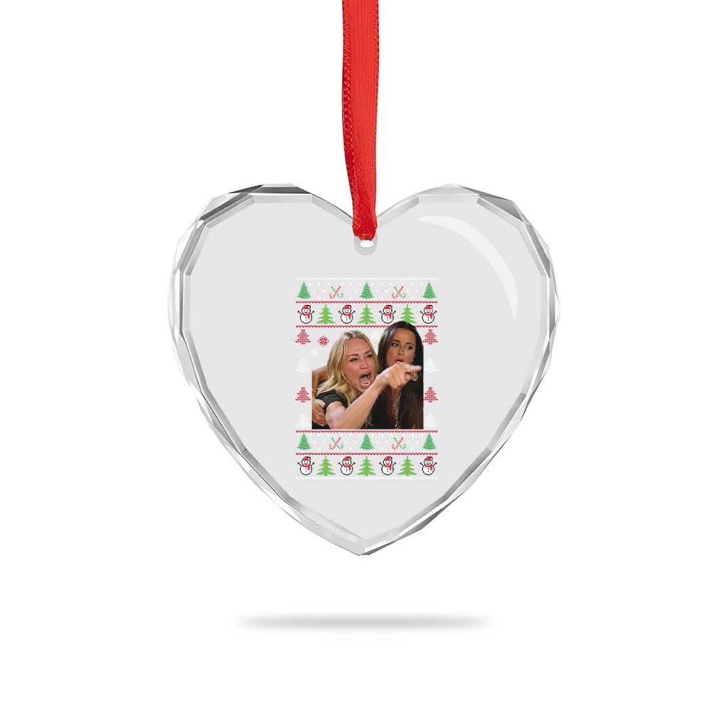 Woman Yelling At A Cat Ugly Christmas Heart Crystal Glass Ornament Funny Meme Matching Couple Christmas Pajama - Wonder Print Shop