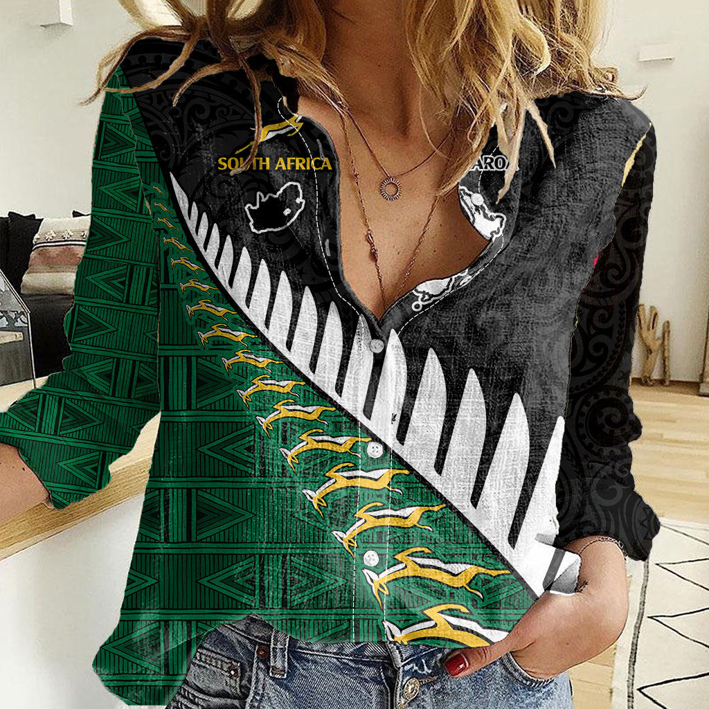 Custom South Africa and Aotearoa Rugby Women Casual Shirt Springboks Black Fern Maori Vibe - Wonder Print Shop