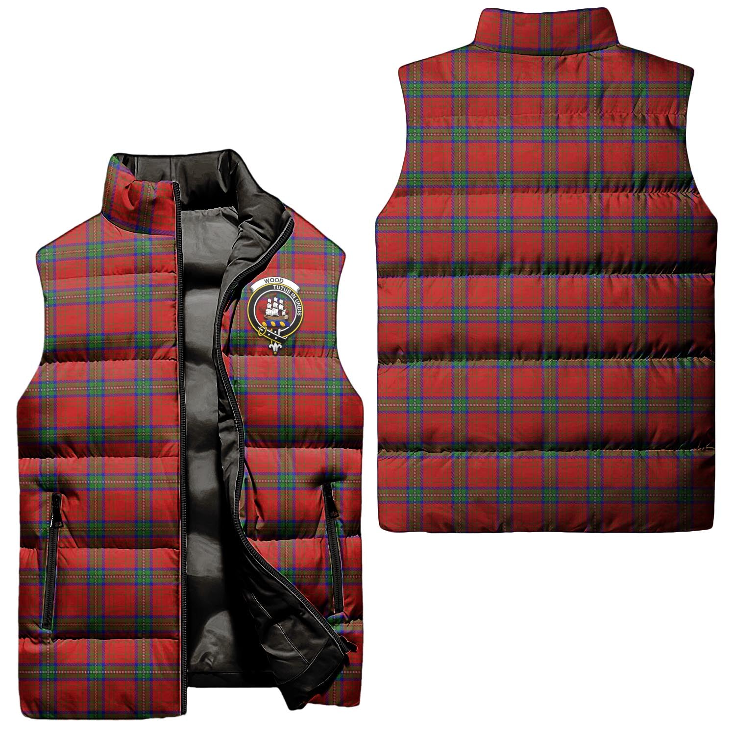 wood-dress-clan-puffer-vest-family-crest-plaid-sleeveless-down-jacket