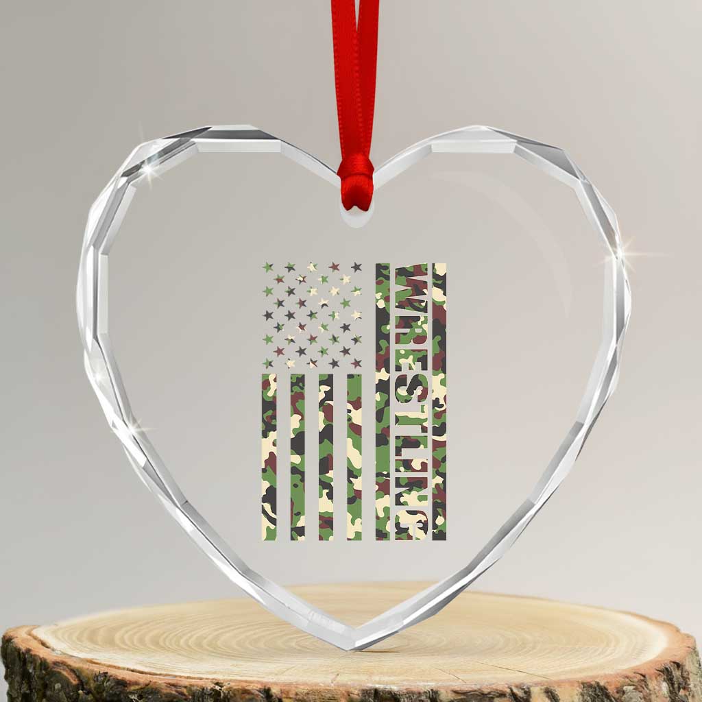 Wrestling American Flag Camo Wrestler Heart Crystal Glass Ornament