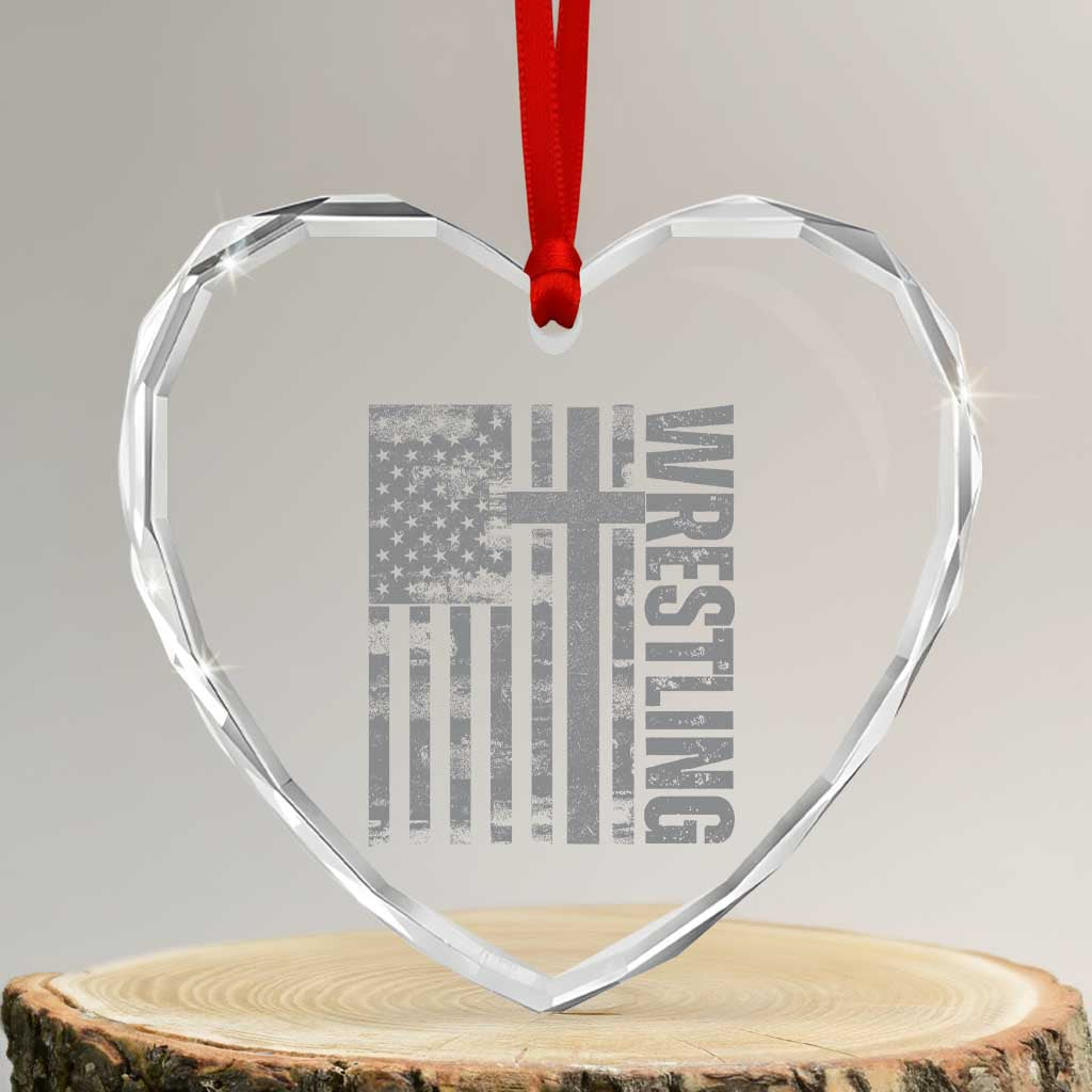 Wrestling Christian Vintage Patriotic American Flag Heart Crystal Glass Ornament