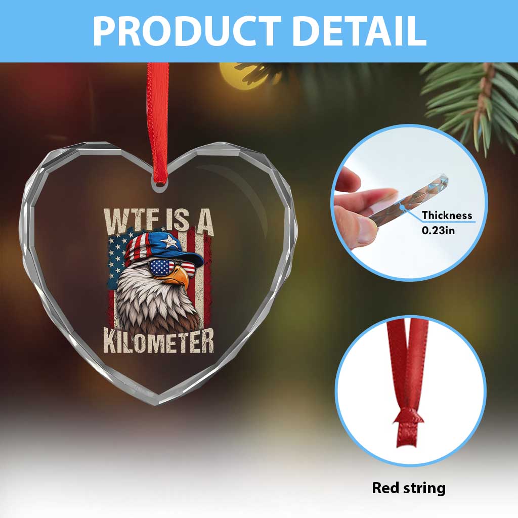 WTF Is A Kilometer Heart Crystal Glass Ornament Bald Eagle 4th of July Funny USA Patriotic