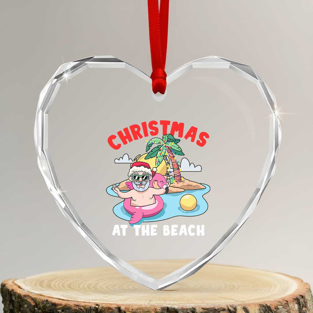 Xmas At The Beach Heart Crystal Glass Ornament Funny Santa Claus Flamingo Float Chilling - Wonder Print Shop